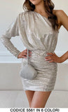Abito Corto Tubino Monospalla interamente in Paillettes Vestito Elegante Serata Cocktail in 6 Colori - 5561