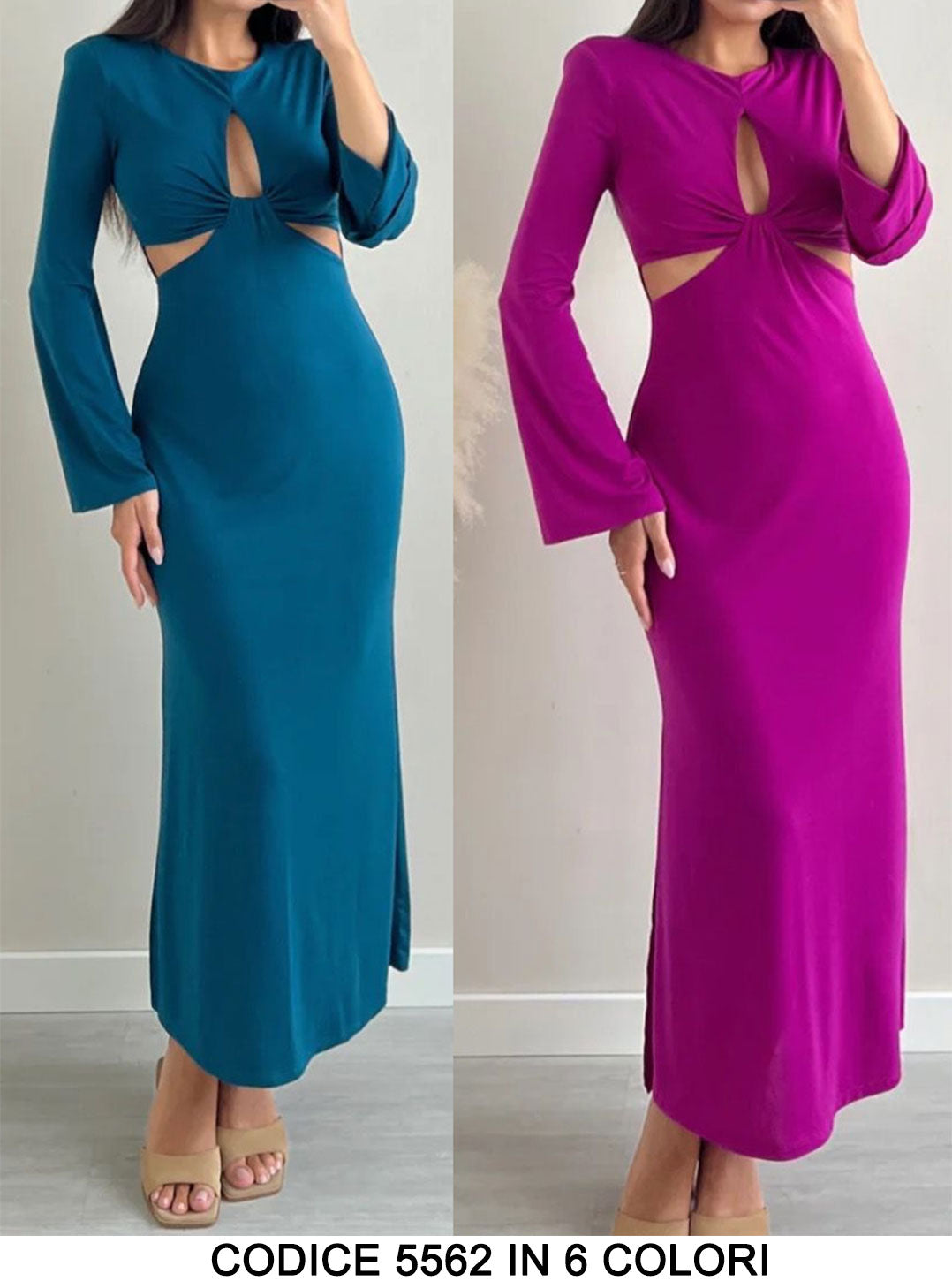 Abito Manica Lunga Cut Out ad Incrocio Elegante Vestito Casual Serata Manica Larga in 6 Colori - 5562
