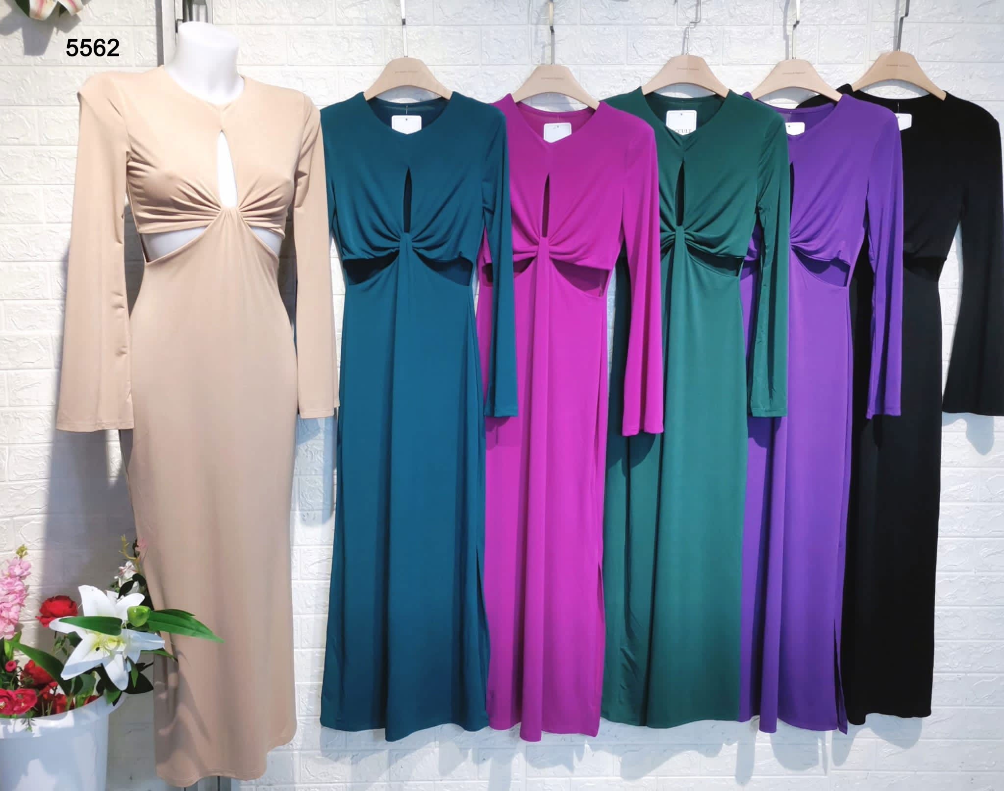 Abito Manica Lunga Cut Out ad Incrocio Elegante Vestito Casual Serata Manica Larga in 6 Colori - 5562