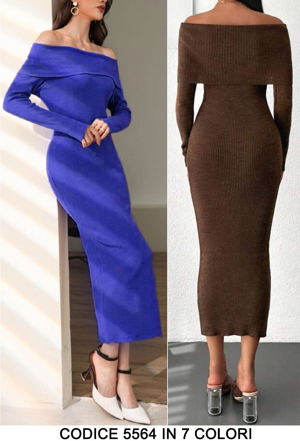 Abito Lungo Tubino Spalle Scoperte Elegante Cerimonia Vestito Costine Casual Aderente in 7 Colori - 5564