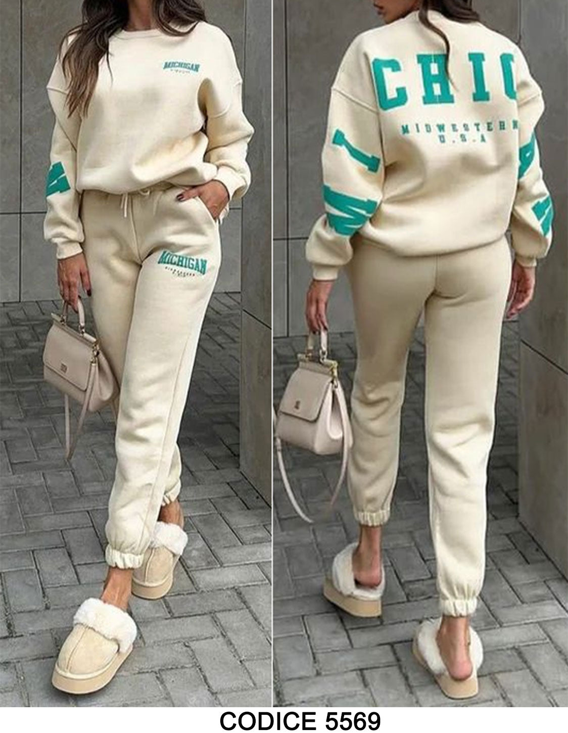 Tuta Sportiva Bianca Completo Coordinato Michigan Scritte Verdi Felpa e Pantalone Elastico Casual - 5569