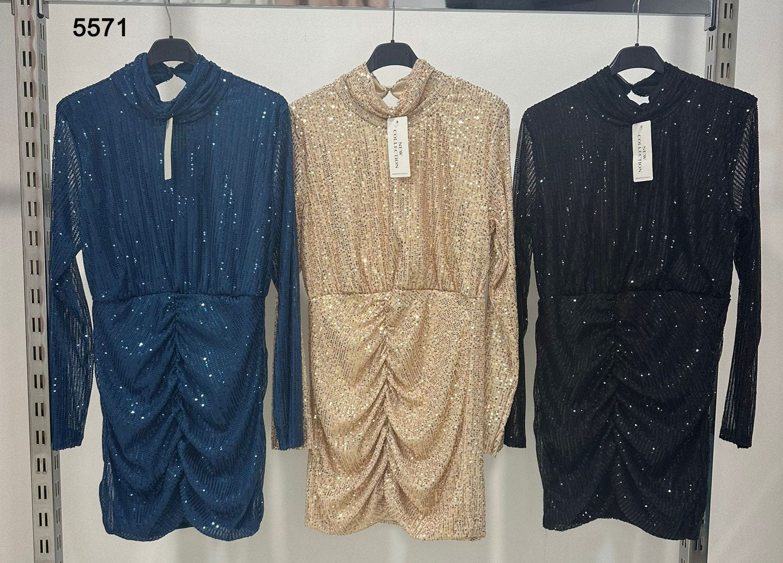 Abito Corto Tubino Elegante Vestito interamente in Paillettes da Serata Manica Lunga in 3 Colori - 5571