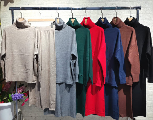 Completo Tuta Sportiva in Lana rasata Coordinato Maglia Manica Lunga Collo Alto Pantalone in 14 Colori - 5573