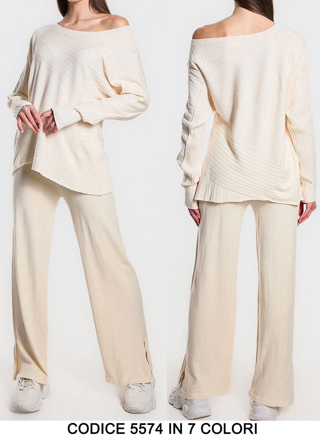 Completo Coordinato Elegante Lana Rasata Righe Oblique Maglia Manica Lunga Pantalone Laccetti in 7 Colori - 5574