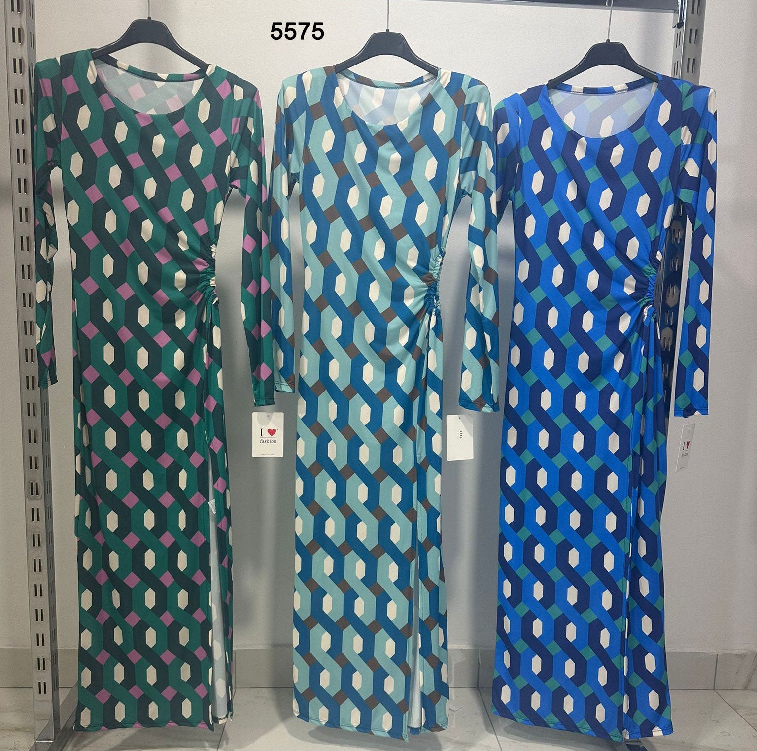 Abito Lungo Aderente Stampa Geometrica Multicolore Vestito Casual Elegante Spacco in 3 Colori - 5575