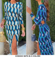 Abito Lungo Aderente Stampa Geometrica Multicolore Vestito Casual Elegante Spacco in 3 Colori - 5575