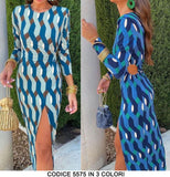 Abito Lungo Aderente Stampa Geometrica Multicolore Vestito Casual Elegante Spacco in 3 Colori - 5575