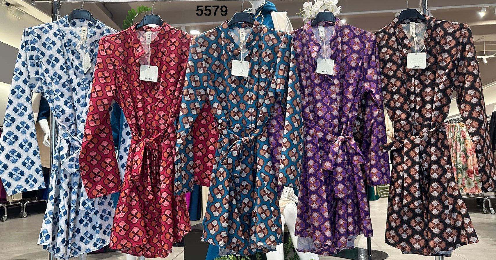 Abito Corto Manica Lunga Stile Bohemien Floreale Svasato Scollo V Chemisier Vestito in 5 Colori - 5579