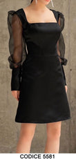 Abito Corto Mini Dress Nero Elegante Maniche Velate Trasparenti Vestito Serata Cocktail - 5581