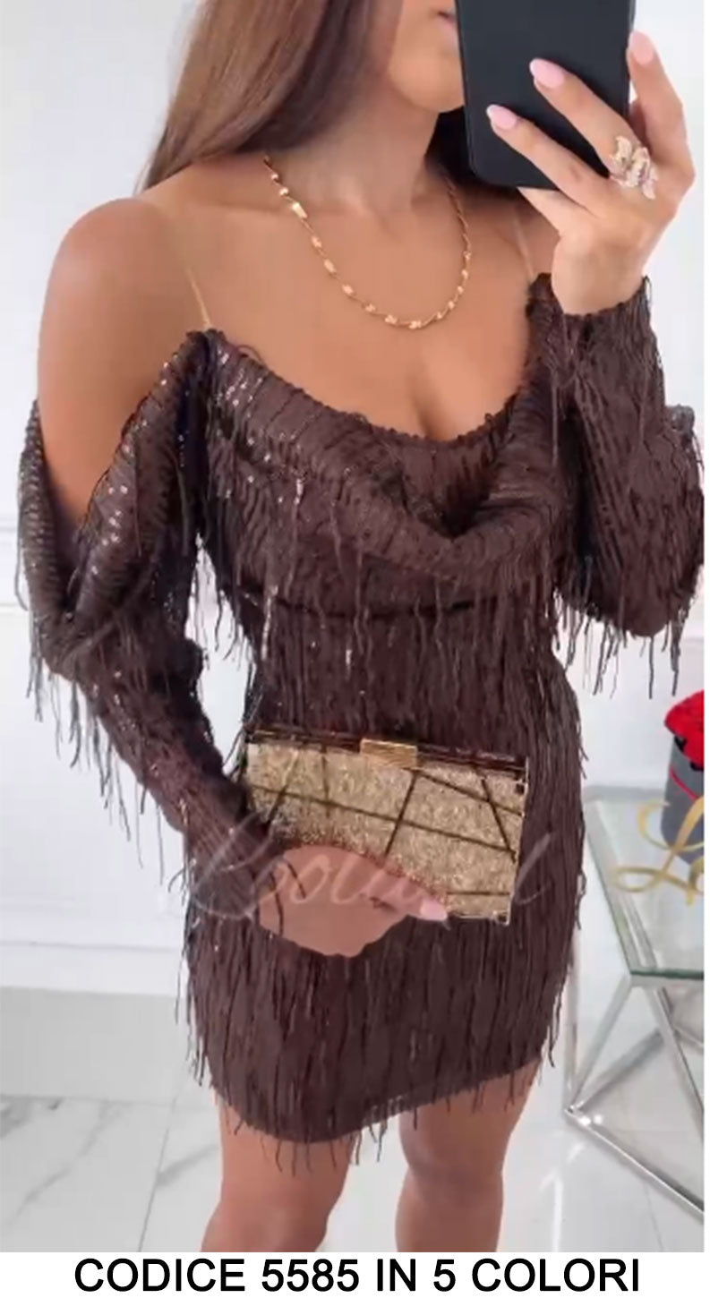 Abito Corto Fashion con Paillettes e Lustrini Spalline Scese Sensuale Vestito Casual in 5 Colori - 5585