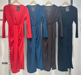 Abito Longuette Lungo Scollo V incrociato sul davanti con Drappeggio e spacco Vestito Elegante in 4 Colori - 5588