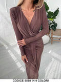 Abito Longuette Lungo Scollo V incrociato sul davanti con Drappeggio e spacco Vestito Elegante in 4 Colori - 5588
