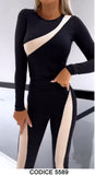Completo 2 Pezzi Nero con Fasce Dorate Coordinato Fashion Tuta Aderente Casual Ragazza Donna - 5589
