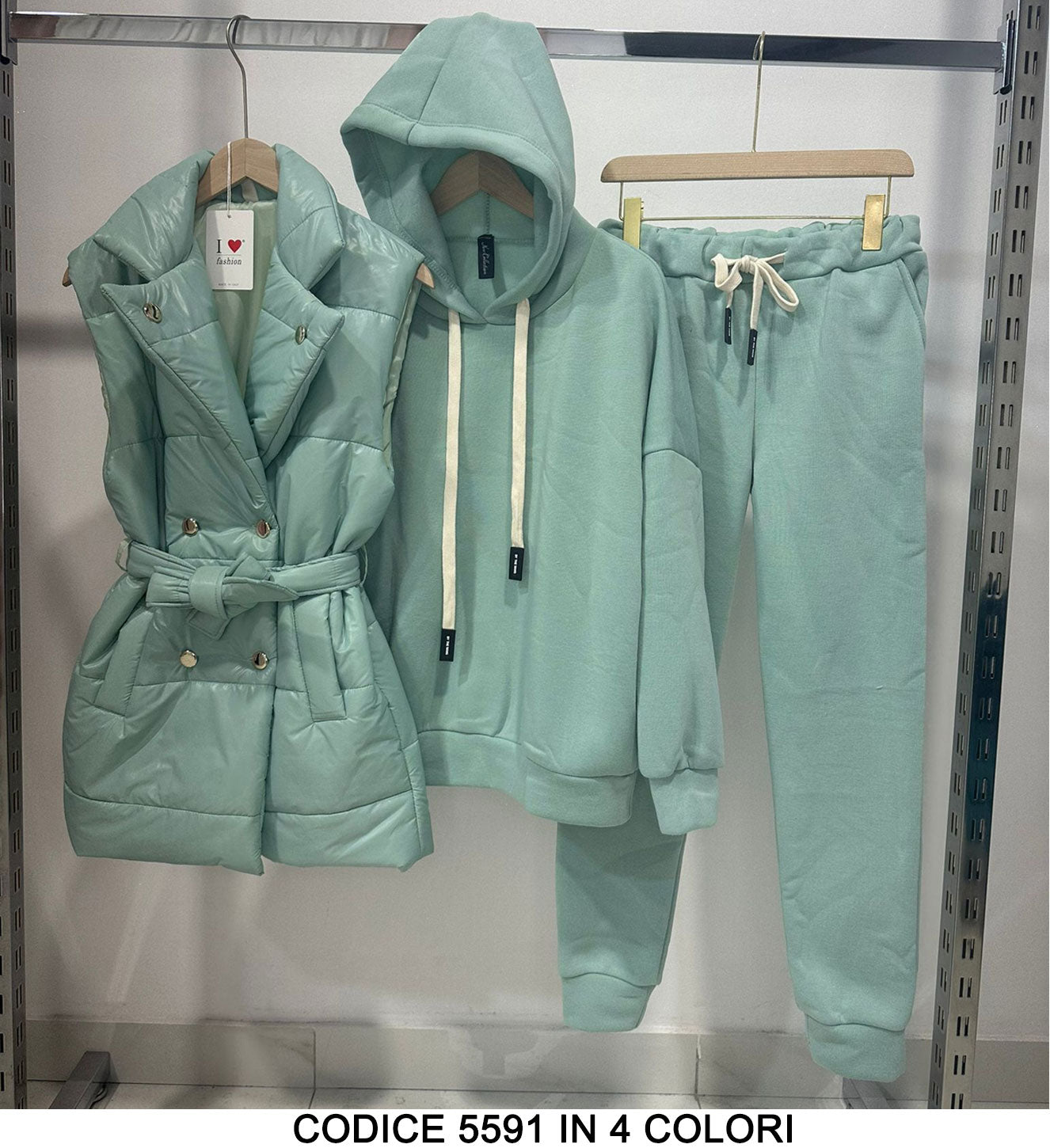 Set Coordinato Completo Giubbotto Smanicato Piumino Tuta Felpata Felpa Cappuccio Pantalone Elastico in 4 Colori - 5591