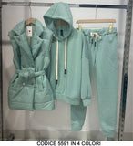 Set Coordinato Completo Giubbotto Smanicato Piumino Tuta Felpata Felpa Cappuccio Pantalone Elastico in 4 Colori - 5591