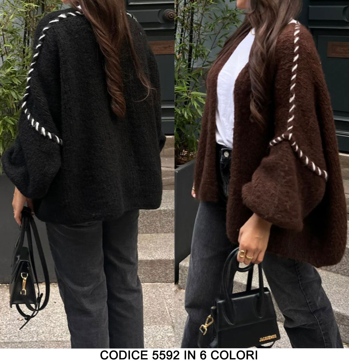 Maxi Maglione Cardigan Casual Particolari Effetto Intrecciato Bicolore Ragazza Donna in 6 Colori - 5592