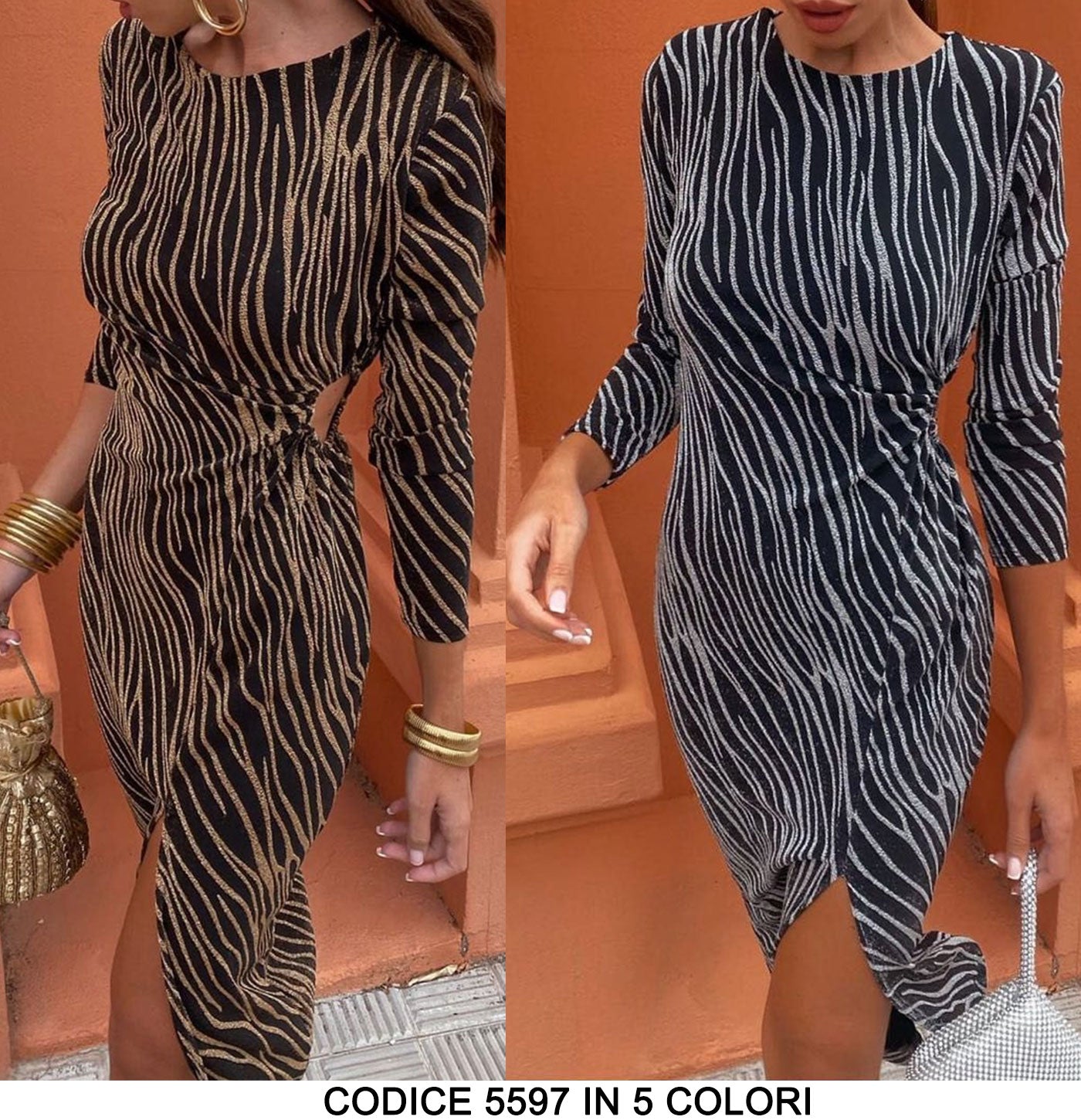 Abito Lungo Cut Out con Spacco Vestito a righe Animalier Brillantinato Casual in 5 Colori - 5597