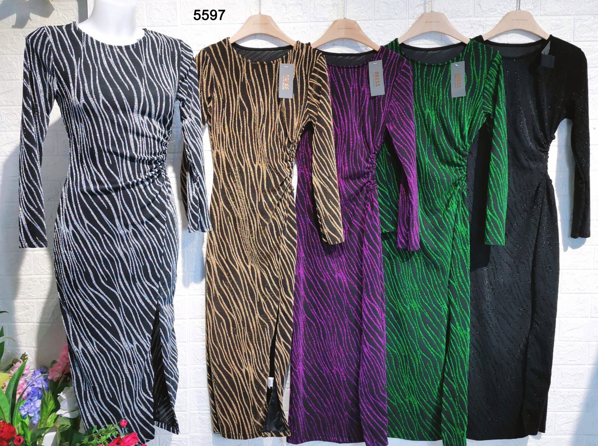 Abito Lungo Cut Out con Spacco Vestito a righe Animalier Brillantinato Casual in 5 Colori - 5597