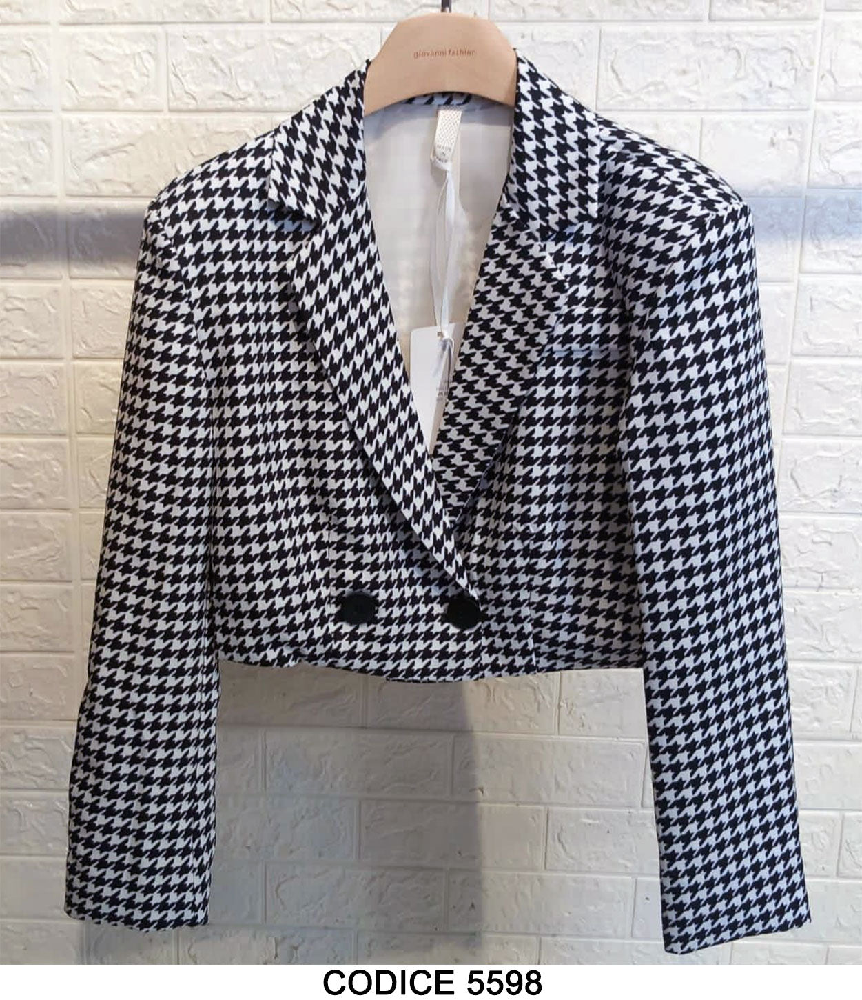 Giacca Blazer Corta Pied de Poule Bianco e Nero Doppio petto Tailleur 2 Bottoni Elegante Casual - 5598