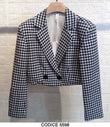 Giacca Blazer Corta Pied de Poule Bianco e Nero Doppio petto Tailleur 2 Bottoni Elegante Casual - 5598