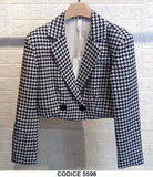 Giacca Blazer Corta Pied de Poule Bianco e Nero Doppio petto Tailleur 2 Bottoni Elegante Casual - 5598