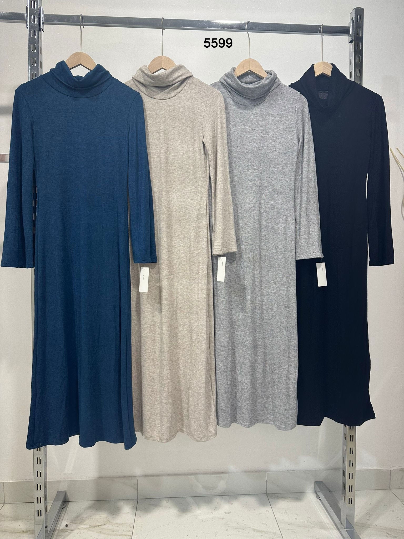 Vestito Lungo Morbido Collo Alto Manica Ampia Abito Casual Cocktail in 4 Colori - 5599