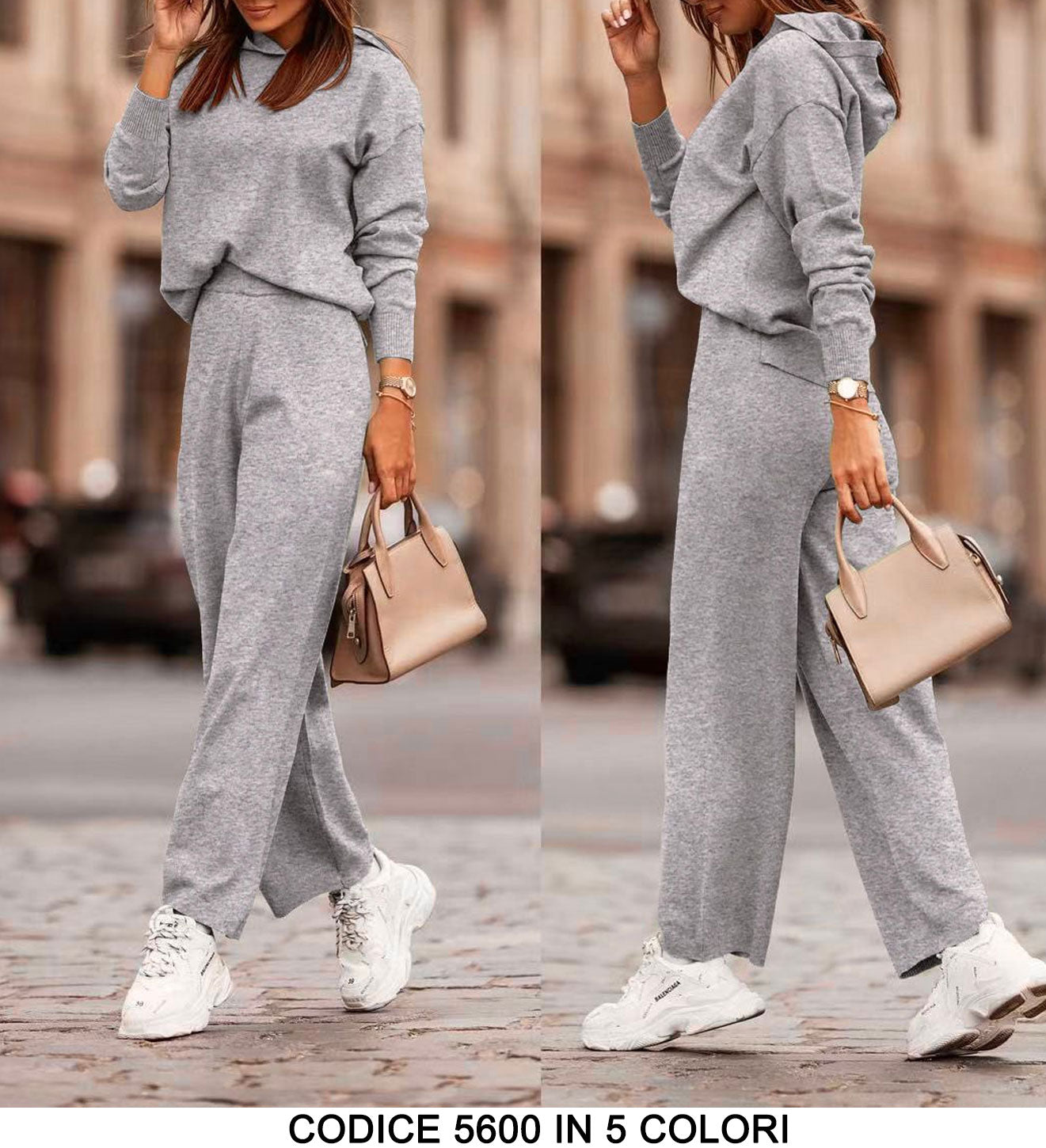 Completo 2 Pezzi Coordinato Tuta Sportiva Casual Felpa con Cappuccio Pantalone Lineare in 5 Colori - 5600