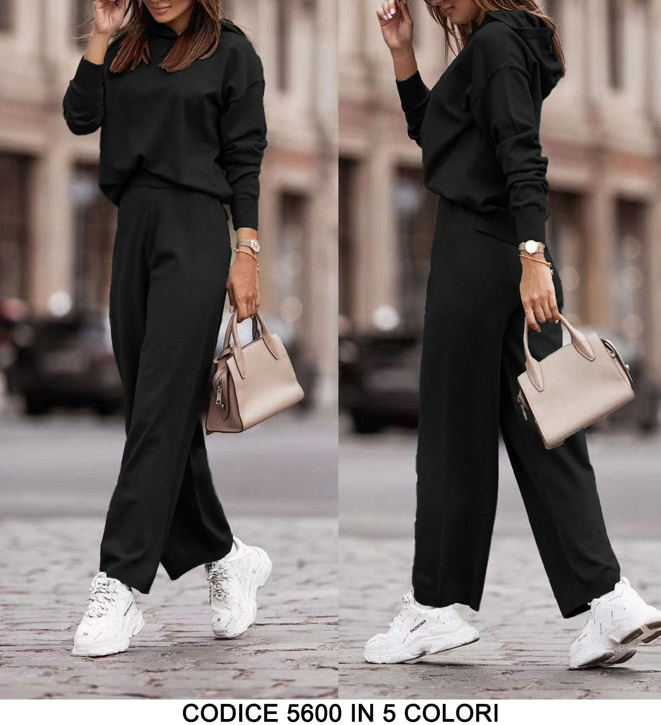 Completo 2 Pezzi Coordinato Tuta Sportiva Casual Felpa con Cappuccio Pantalone Lineare in 5 Colori - 5600