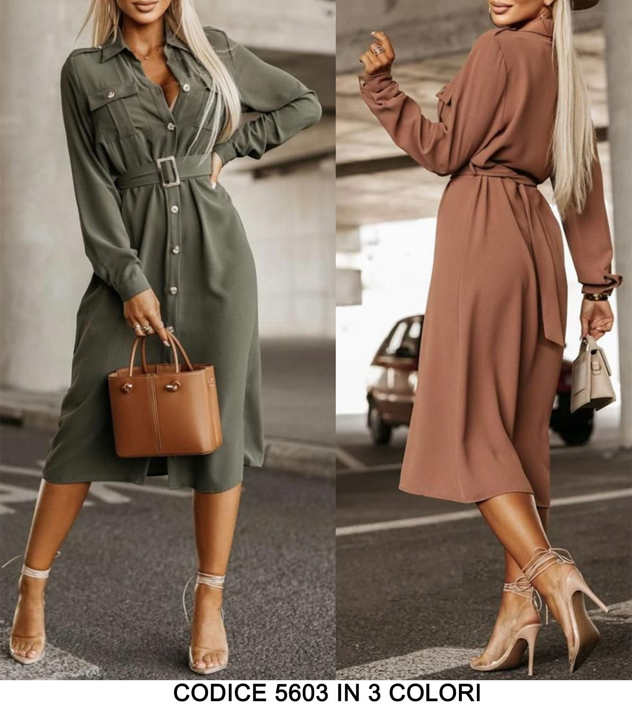 Abito Lungo Chemisier con Cintura Bottoni Manica Lunga Elegante Casual Vestito in 6 Colori - 5603