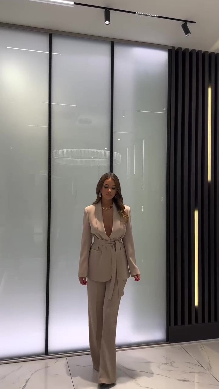 Tailleur Completo Giacca Lunga con Cintura Pantalone Zampa Coordinato Donna Elegante Casual in 7 Colori - 5605