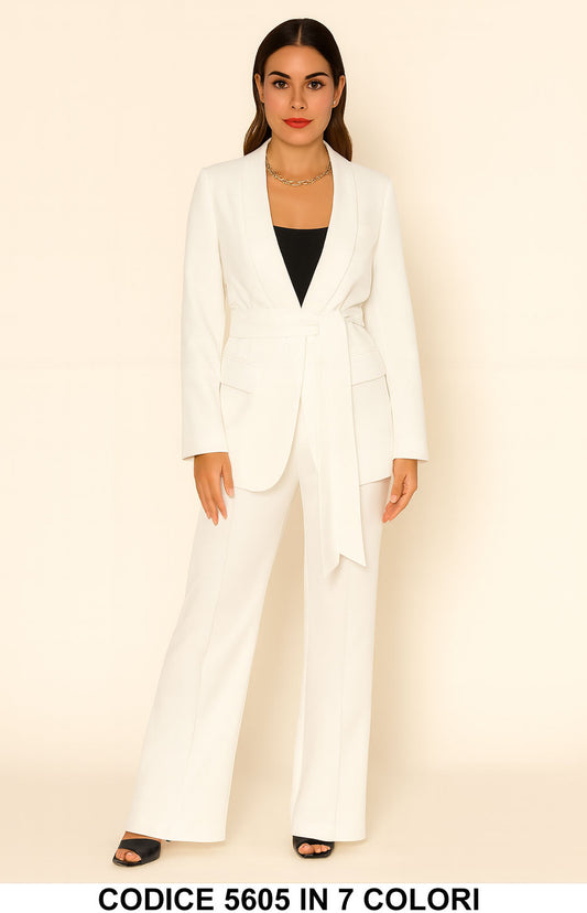 Tailleur Completo Giacca Lunga con Cintura Pantalone Zampa Coordinato Donna Elegante Casual in 7 Colori - 5605