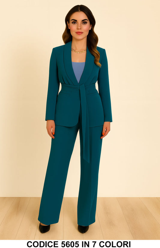 Tailleur Completo Giacca Lunga con Cintura Pantalone Zampa Coordinato Donna Elegante Casual in 7 Colori - 5605