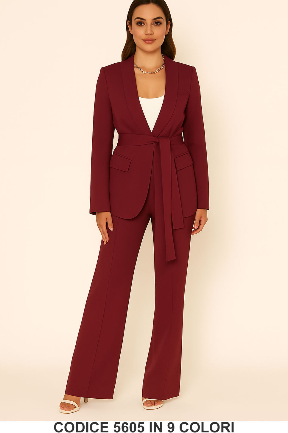 Tailleur Completo Giacca Lunga con Cintura Pantalone Zampa Coordinato Donna Elegante Casual in 7 Colori - 5605