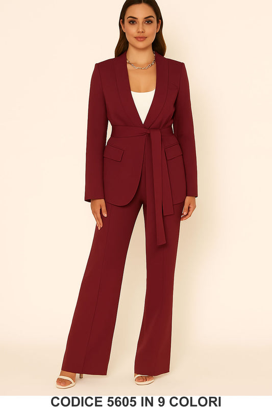 Tailleur Completo Giacca Lunga con Cintura Pantalone Zampa Coordinato Donna Elegante Casual in 7 Colori - 5605