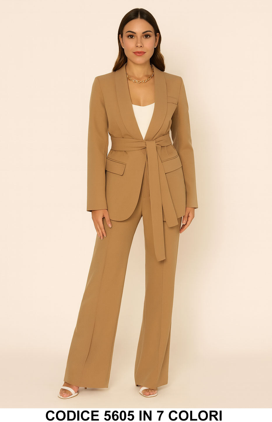 Tailleur Completo Giacca Lunga con Cintura Pantalone Zampa Coordinato Donna Elegante Casual in 7 Colori - 5605