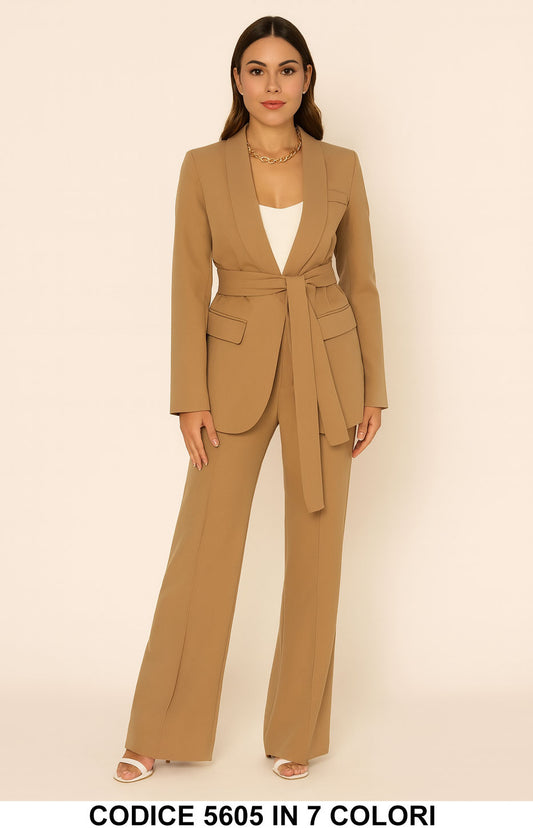 Tailleur Completo Giacca Lunga con Cintura Pantalone Zampa Coordinato Donna Elegante Casual in 7 Colori - 5605