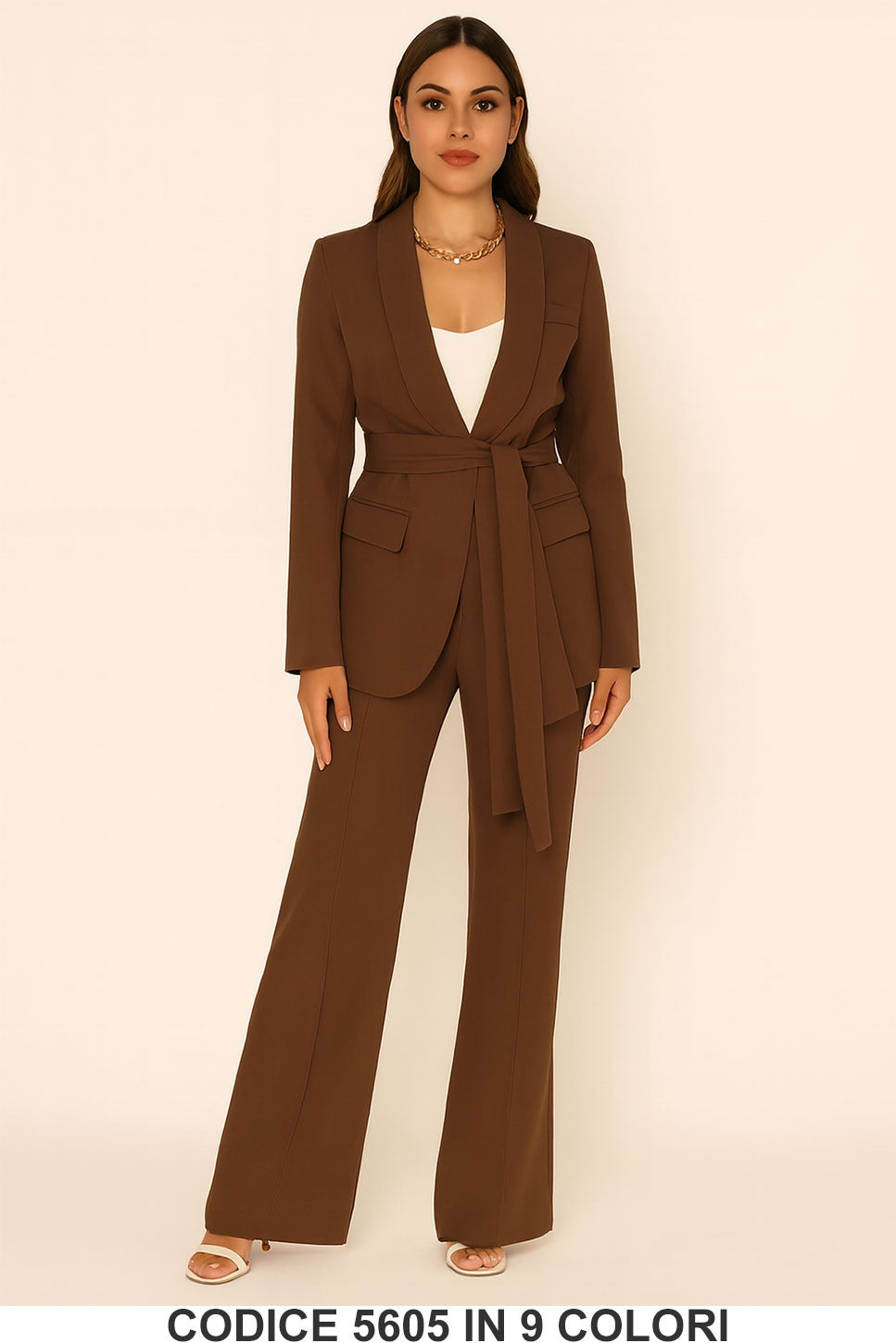Tailleur Completo Giacca Lunga con Cintura Pantalone Zampa Coordinato Donna Elegante Casual in 7 Colori - 5605