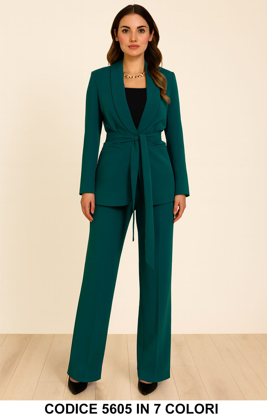 Tailleur Completo Giacca Lunga con Cintura Pantalone Zampa Coordinato Donna Elegante Casual in 7 Colori - 5605