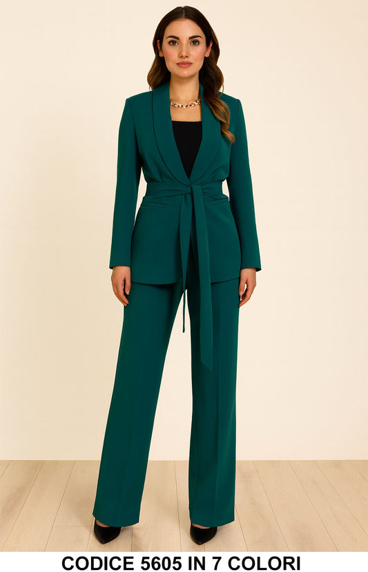 Tailleur Completo Giacca Lunga Con Cintura Pantalone Zampa Coordinato Donna Elegante Casual In 2 Colori - 5605Out