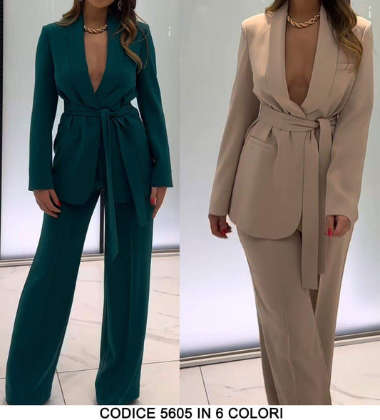 Tailleur Completo Giacca Lunga con Cintura Pantalone Zampa Coordinato Donna Elegante Casual in 6 Colori - 5605