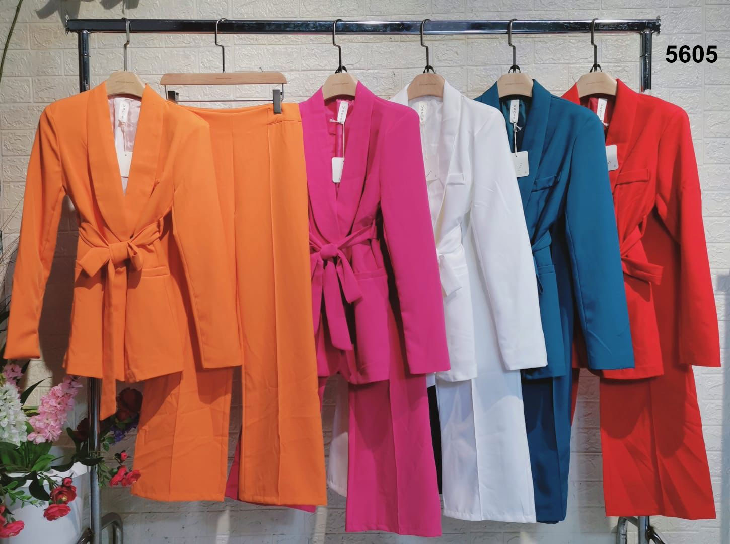 Tailleur Completo Giacca Lunga con Cintura Pantalone Zampa Coordinato Donna Elegante Casual in 7 Colori - 5605