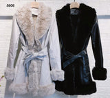 Cappotto Lungo in eco Pelle Giacca in Pellicciotto al Collo e Maniche con Cintura in 2 Colori - 5606