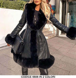 Cappotto Lungo in eco Pelle Giacca in Pellicciotto al Collo e Maniche con Cintura in 2 Colori - 5606