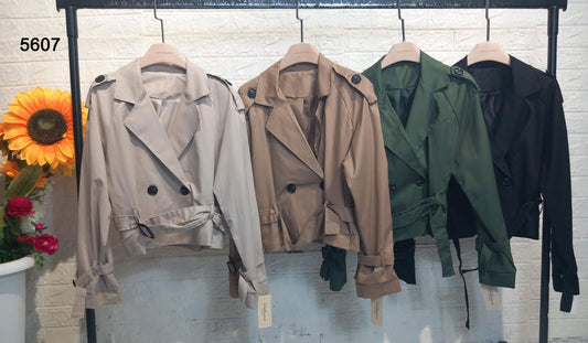 Giacca Trench Corto Doppio Petto con Cintura e Fibbie Giubbotto Elegante Casual in 4 Colori - 5607