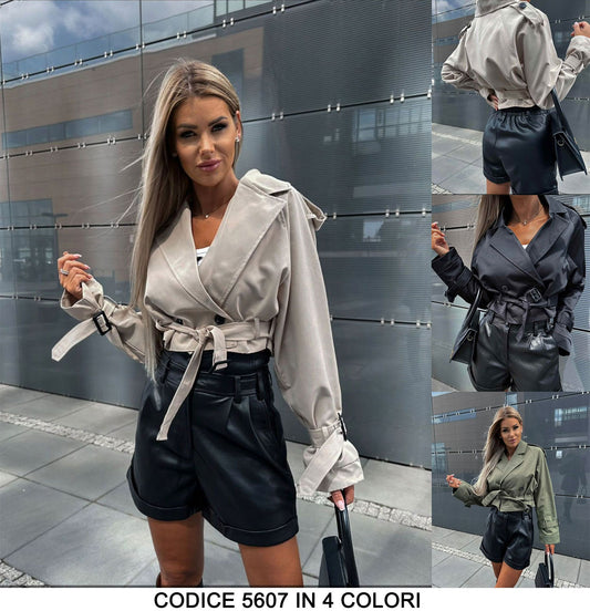 Giacca Trench Corto Doppio Petto con Cintura e Fibbie Giubbotto Elegante Casual in 4 Colori - 5607