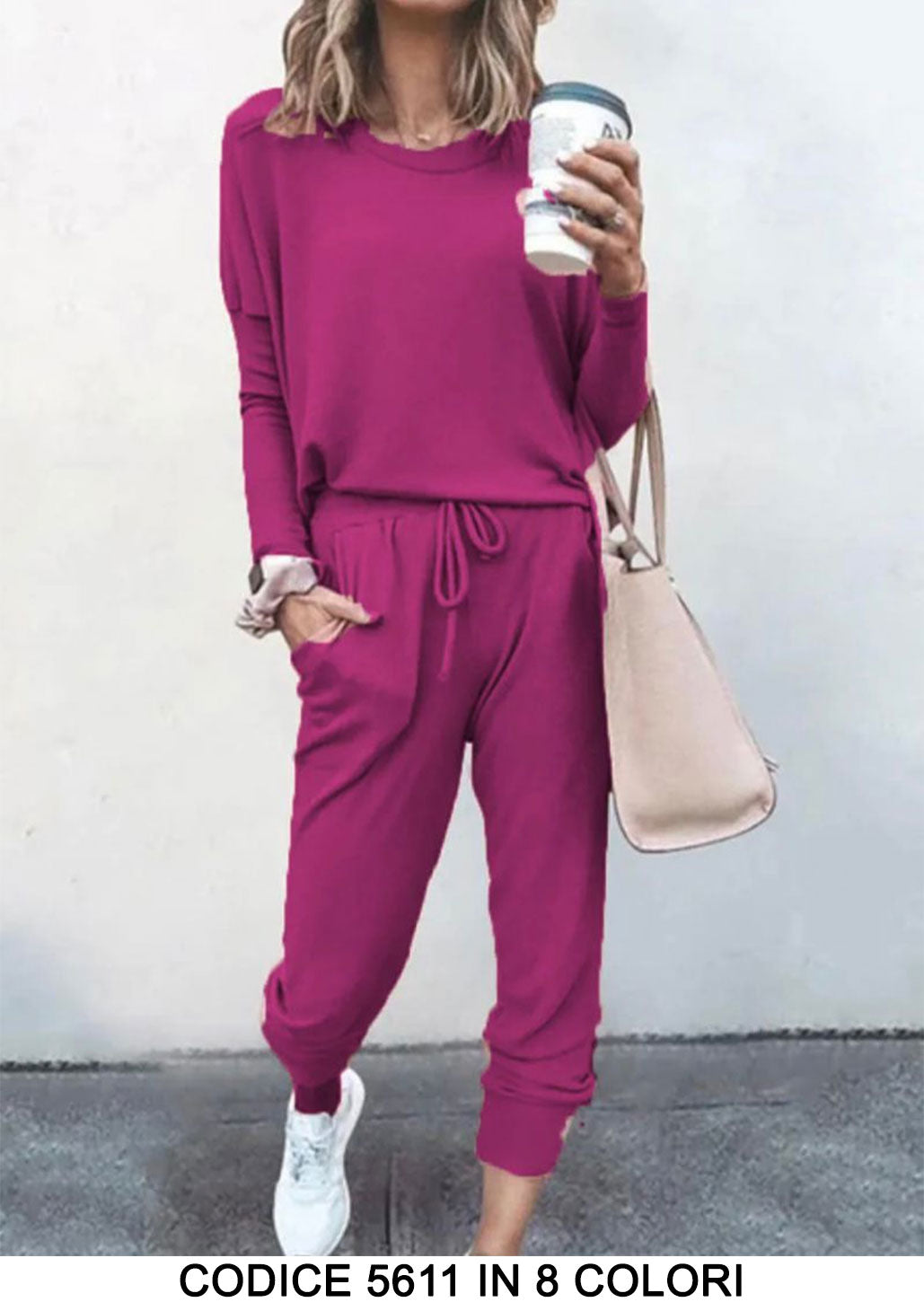 Completo Casual Tessuto Morbido Coordinato Tuta Sportiva Pantalone Elastico in 8 Colori - 5611