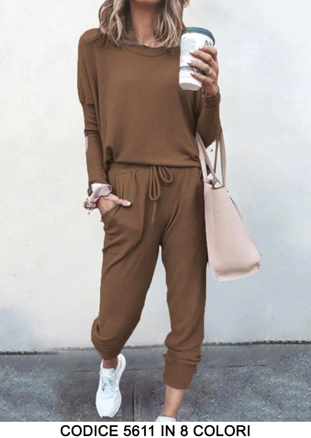 Completo Casual Tessuto Morbido Coordinato Tuta Sportiva Pantalone Elastico in 8 Colori - 5611
