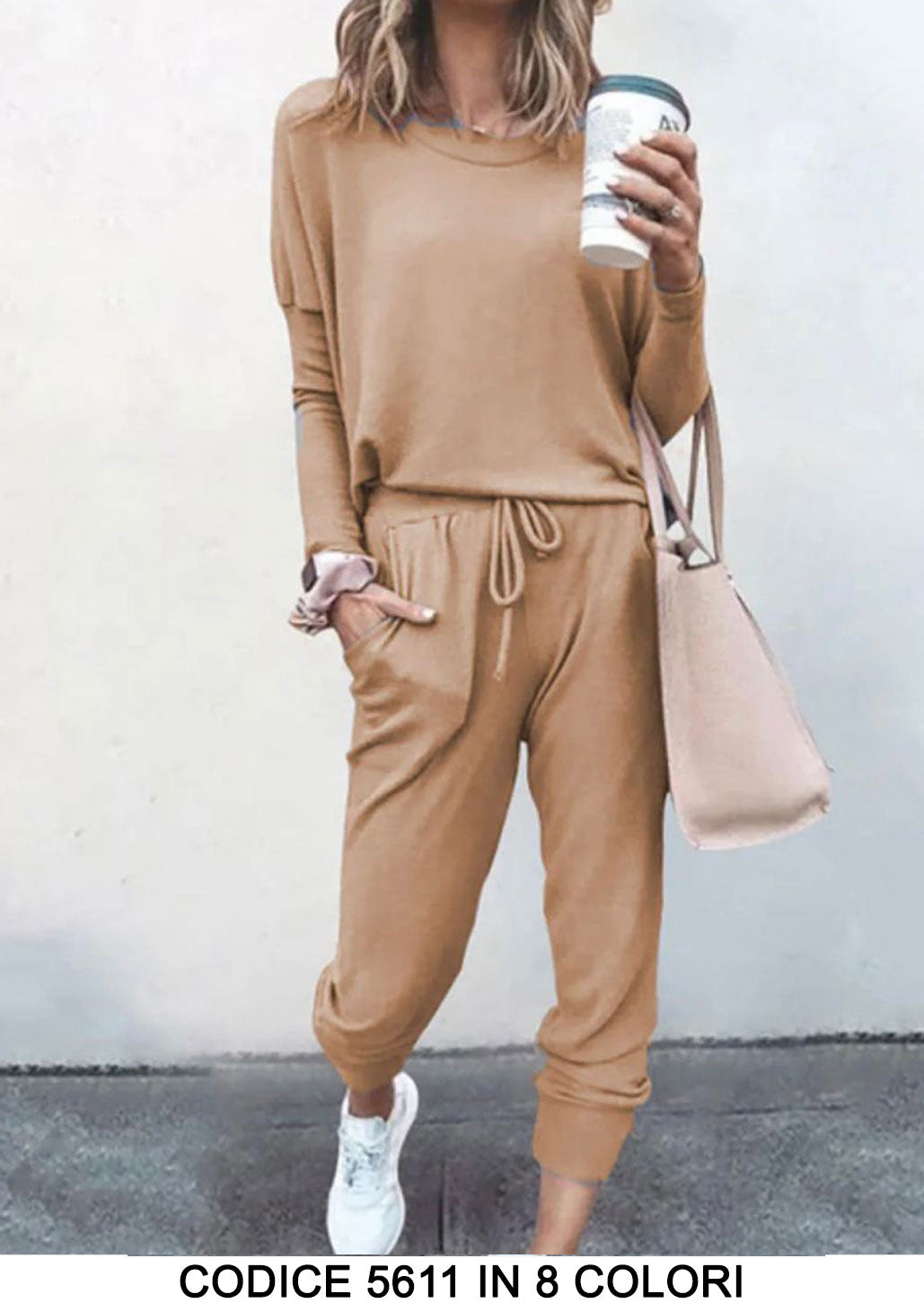 Completo Casual Tessuto Morbido Coordinato Tuta Sportiva Pantalone Elastico in 8 Colori - 5611