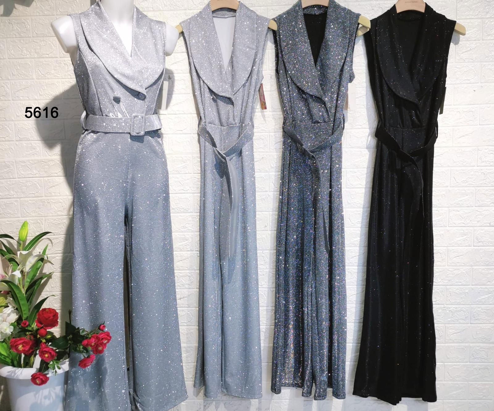 Tuta Elegante con Cintura Effetto Brillantinato Jumpsuit Doppio Petto con Bottoni in 3 Colori - 5616