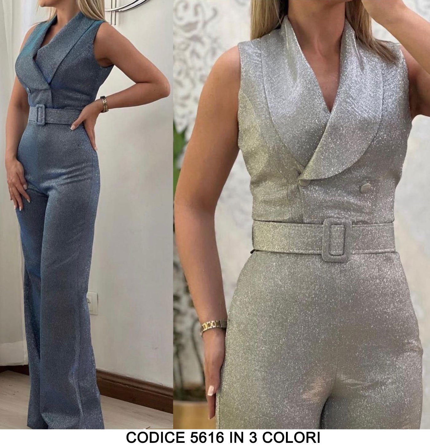 Tuta Elegante con Cintura Effetto Brillantinato Jumpsuit Doppio Petto con Bottoni in 3 Colori - 5616
